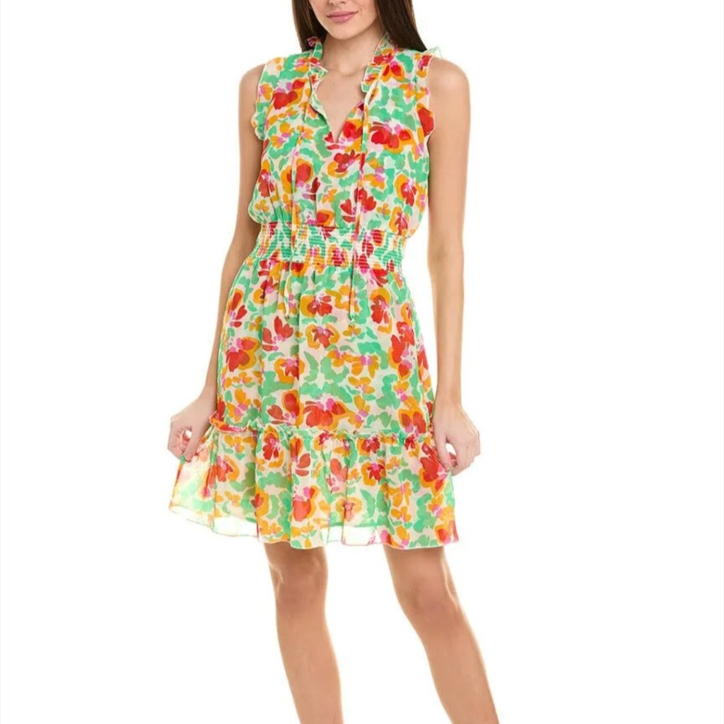 Cabi Floral Smocked Mini/Midi Dress Green Multicolor, Tiered, Size S